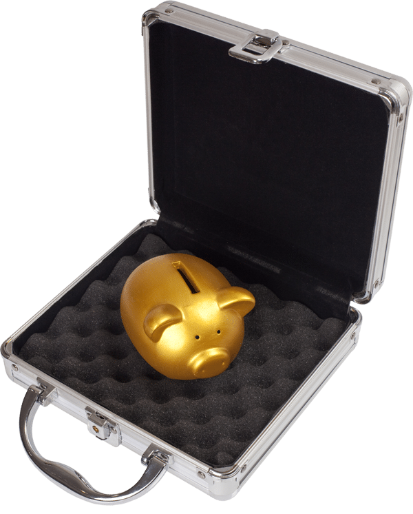 Case with golden piggy bank inside representing insurance premiums for secure goods